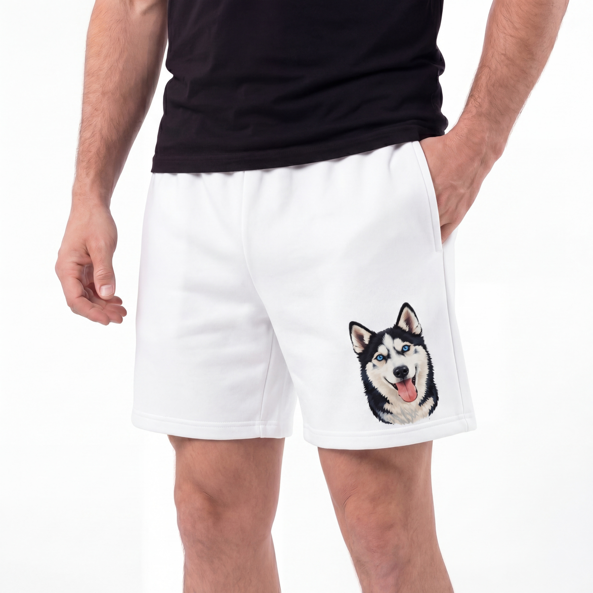 White shorts with a dog graphic worn by a person on a white background[White]
