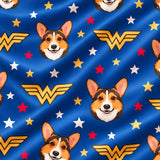 Close-up of the Wonder Woman print showing custom pet faces with gold Wonder Woman logos and white stars on a royal blue fabric