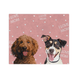 Pink blanket with hearts and the phrase "I Love Mom" featuring the illustrations of two dogs.