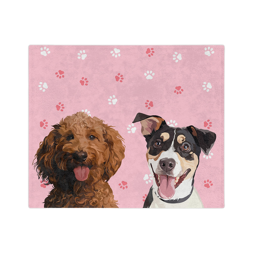 Pink blanket with paws featuring the illustrations of two dogs.