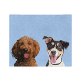 Blue blanket, featuring the illustrations of two dogs.