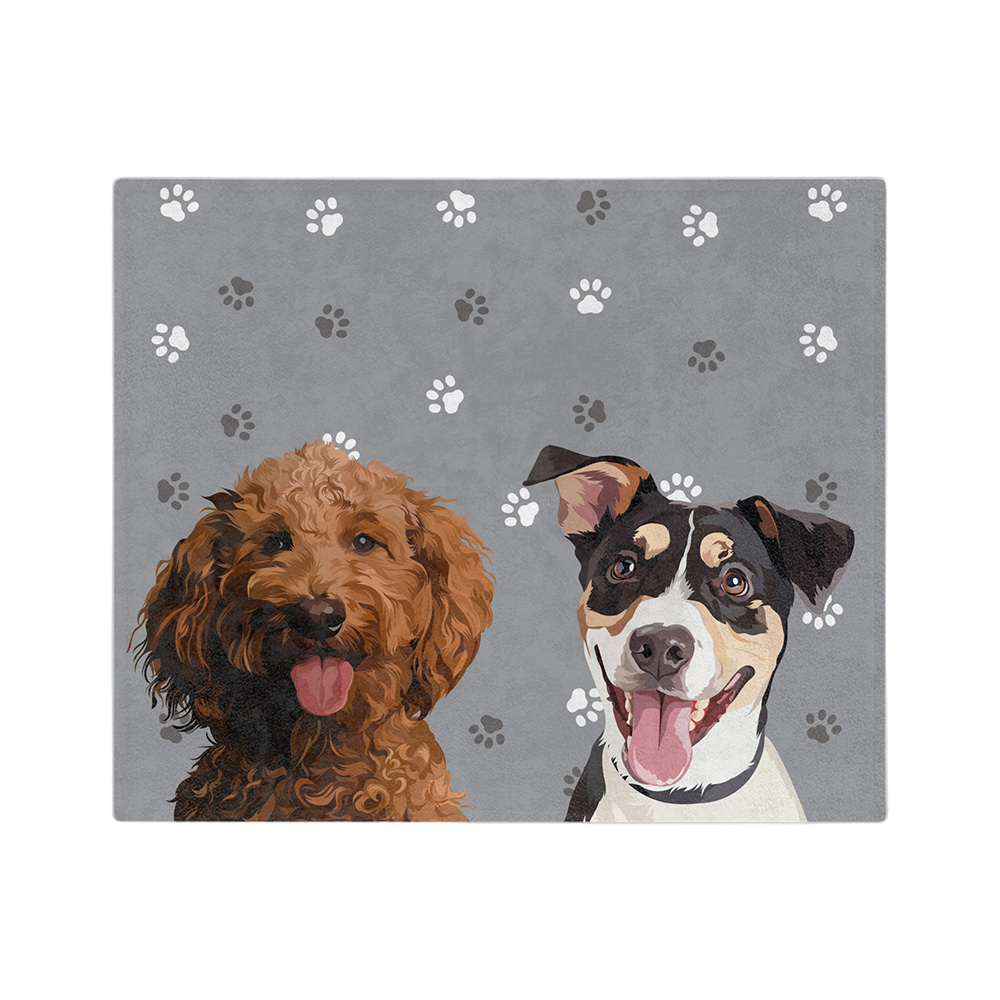 Gray blanket with paws featuring the illustrations of two dogs.