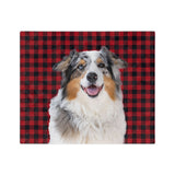 Custom fleece blanket with an Australian Shepherd photo cutout portrait on a red and black buffalo plaid background[BuffaloPlaidImageCutOut]