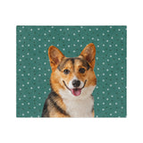 Custom fleece blanket with a corgi photo cutout portrait on a green background with small white paw prints[GreenPawsImageCutOut]