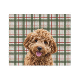 Custom fleece blanket with a curly goldendoodle photo cutout portrait on a cream flannel plaid background with green and red stripes[LightChristmasFlannelImageCutOut]