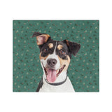 Custom fleece blanket with a tricolor terrier mix photo cutout portrait on a green background with sprigs of mistletoe[MistletoeImageCutOut]