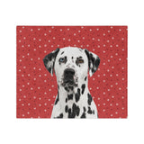 Custom fleece blanket with a Dalmatian photo cutout portrait on a red background with small white paw prints[RedPawsImageCutOut]