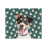 Custom fleece blanket with a tricolor terrier mix photo cutout portrait on a green background with a repeating Santa face pattern[SantaImageCutOut]
