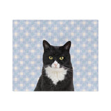 Custom fleece blanket with a tuxedo cat photo cutout portrait on a light blue gingham background with white snowflakes[SnowyGinghamImageCutOut]