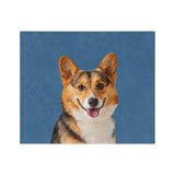 Custom fleece blanket with a corgi photo cutout portrait on a solid blue background[SolidBlueImageCutOut]