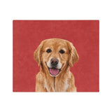 Custom fleece blanket with a golden retriever photo cutout portrait on a solid red background[SolidRedImageCutOut]