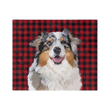 Custom fleece blanket with an Australian Shepherd hand illustration portrait on a red and black buffalo plaid background[BuffaloPlaidHandIllustration]