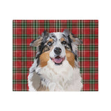 Custom fleece blanket with an Australian Shepherd hand illustration portrait on a red and green tartan plaid background[ChristmasPlaidHandIllustration]