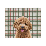 Custom fleece blanket with a curly goldendoodle hand illustration portrait on a cream flannel plaid background with green and red stripes[LightChristmasFlannelHandIllustration]
