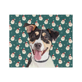Custom fleece blanket with a tricolor terrier mix hand illustration portrait on a green background with a repeating Santa face pattern[SantaHandIllustration]