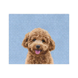 Custom fleece blanket with a curly goldendoodle hand illustration portrait on a light blue background with tiny white snowflakes[SnowflakesHandIllustration]
