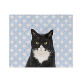 Custom fleece blanket with a tuxedo cat hand illustration portrait on a light blue gingham background with white snowflakes[SnowyGinghamHandIllustration]