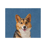 Custom fleece blanket with a corgi hand illustration portrait on a solid blue background[SolidBlueHandIllustration]