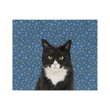 Custom fleece blanket with a tuxedo cat hand illustration portrait on a blue background with gold and white Stars of David[StarofDavidHandIllustration]