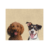 Yellow blanket featuring the illustration of two pets.
