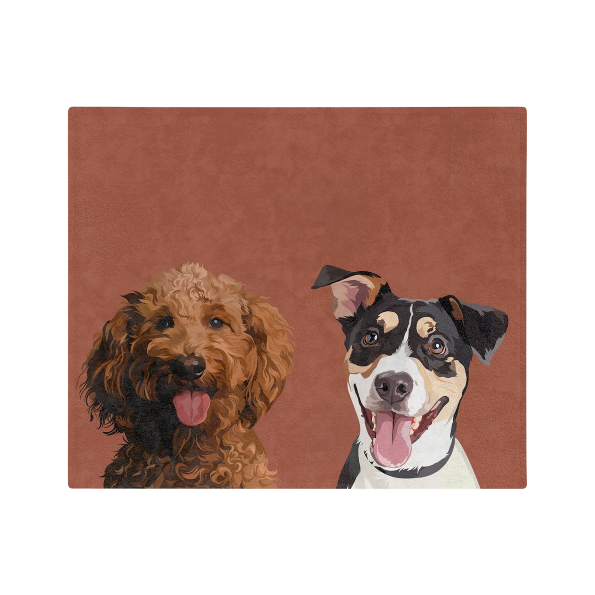 Cocoa blanket, featuring the illustrations of two pets.
