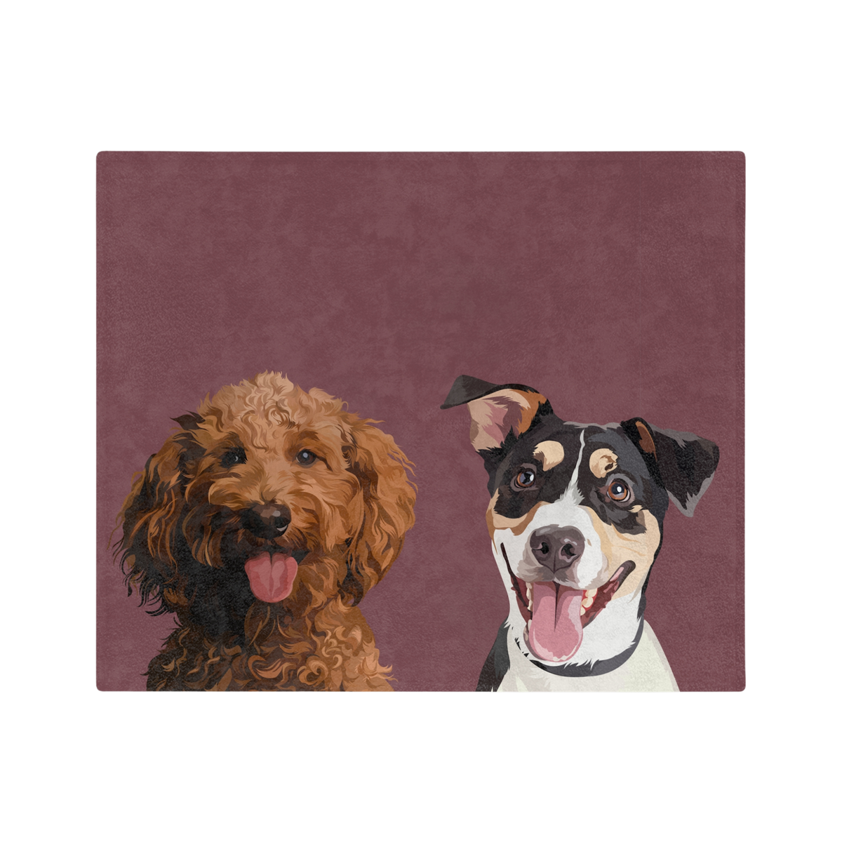 Maroon blanket, featuring the illustrations of two pets.