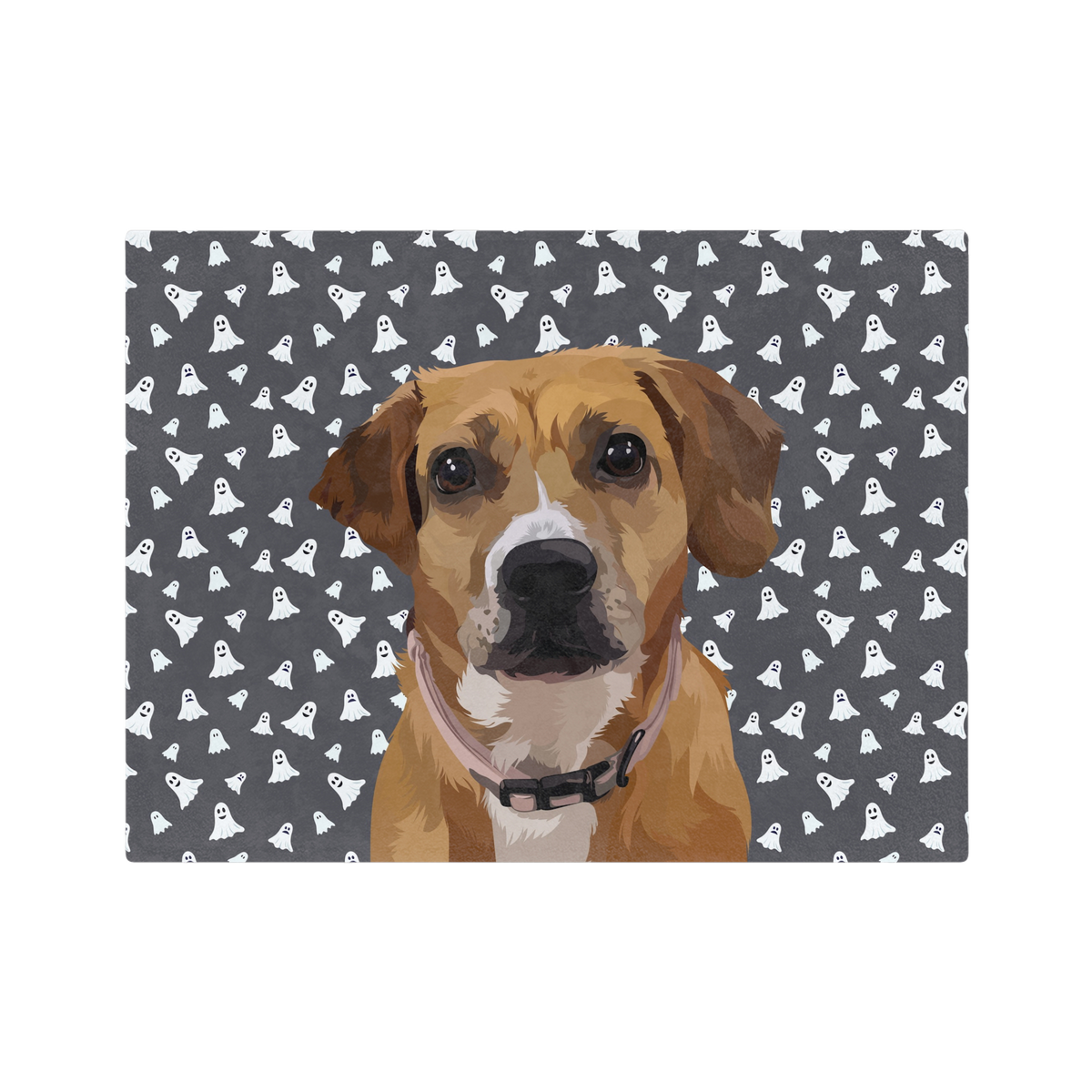 Blanket of dog with a Halloween-themed ghost pattern on a gray background