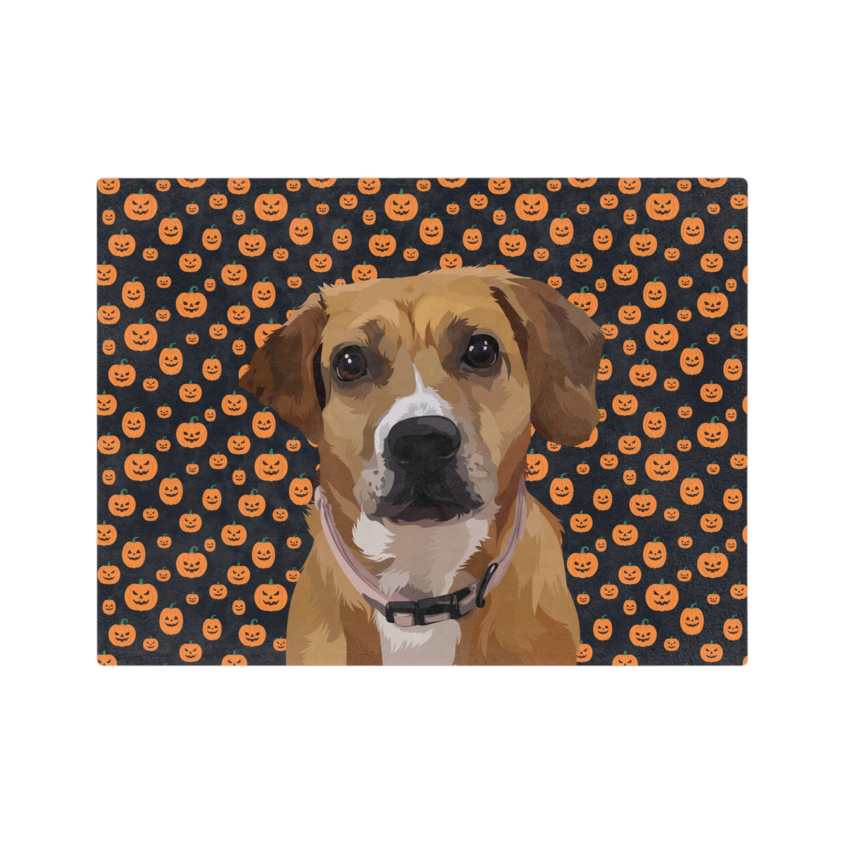 Blanket with a dog with a Halloween-themed background featuring pumpkins