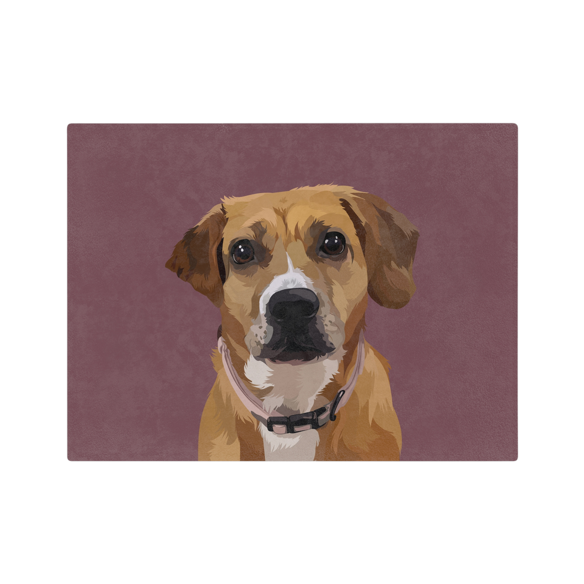 Blanket with illustration of a brown dog with a white muzzle on a maroon background