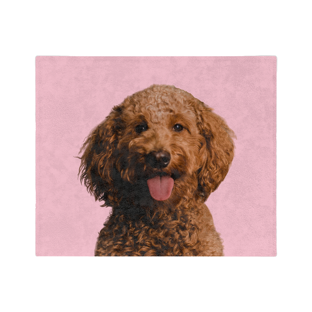 Pink blanket featuring a centered, smiling dog portrait.