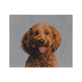 Gray blanket featuring a centered, smiling dog portrait.