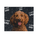 Black blanket with paws and the phrase "I Love Dad" featuring a centered, smiling dog illustration.