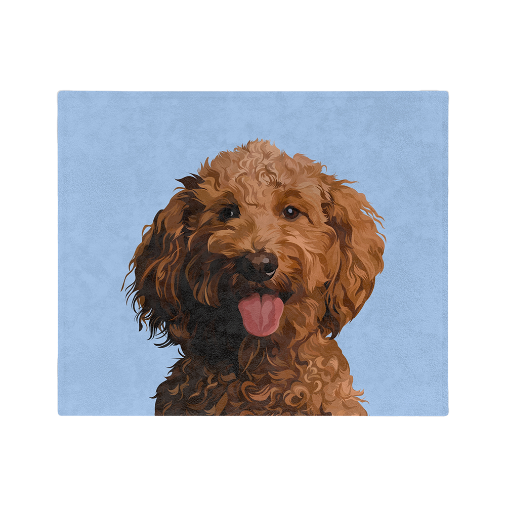 Blue blanket featuring a centered, smiling dog illustration.