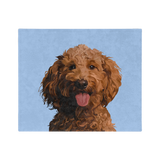 Blue blanket featuring a centered, smiling dog illustration.