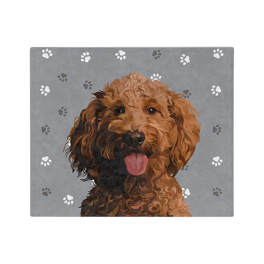 Gray paw print blanket featuring a centered, smiling dog illustration.
