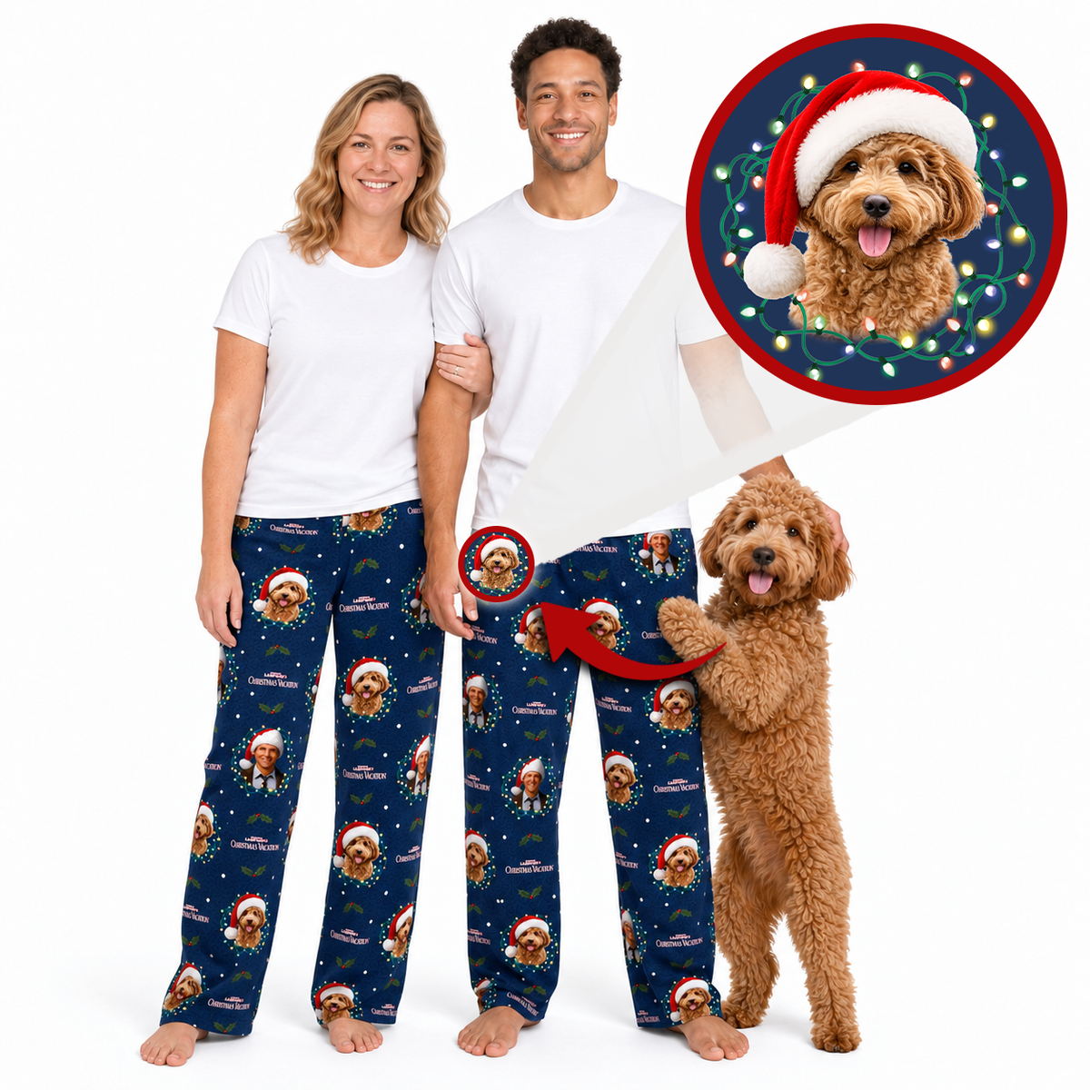 A man and a woman wearing matching navy blue pajama pants with a custom dog print and Santa hats, standing next to a brown poodle dog wearing a matching printed Santa hat. An inset circle shows the printed design detail.