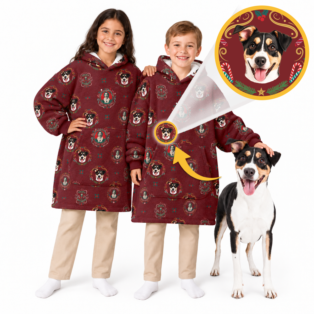 Two children wearing matching burgundy hooded sweatshirt blankets with a festive dog print, standing next to a dog, with a circular graphic showing a close-up of the dog print.