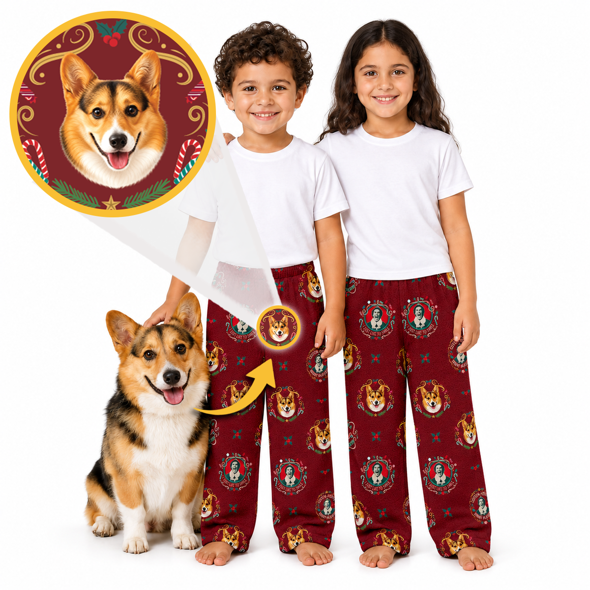 Two children and a corgi wearing matching burgundy pajama pants with a repeating dog-face print, shown on a white studio background. A circular inset at upper left shows a close-up of the print design.