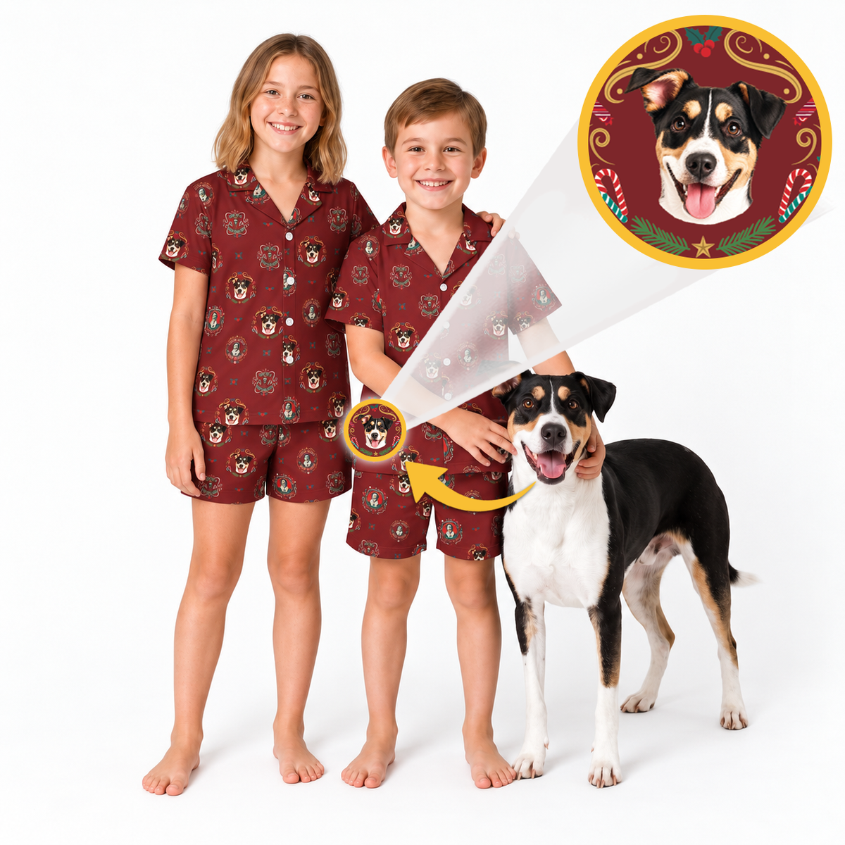 Two children wearing matching burgundy holiday-themed pajama sets with a dog, plus a circular inset showing a custom dog portrait design.
