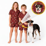 Two children wearing matching burgundy holiday-themed pajama sets with a dog, plus a circular inset showing a custom dog portrait design.