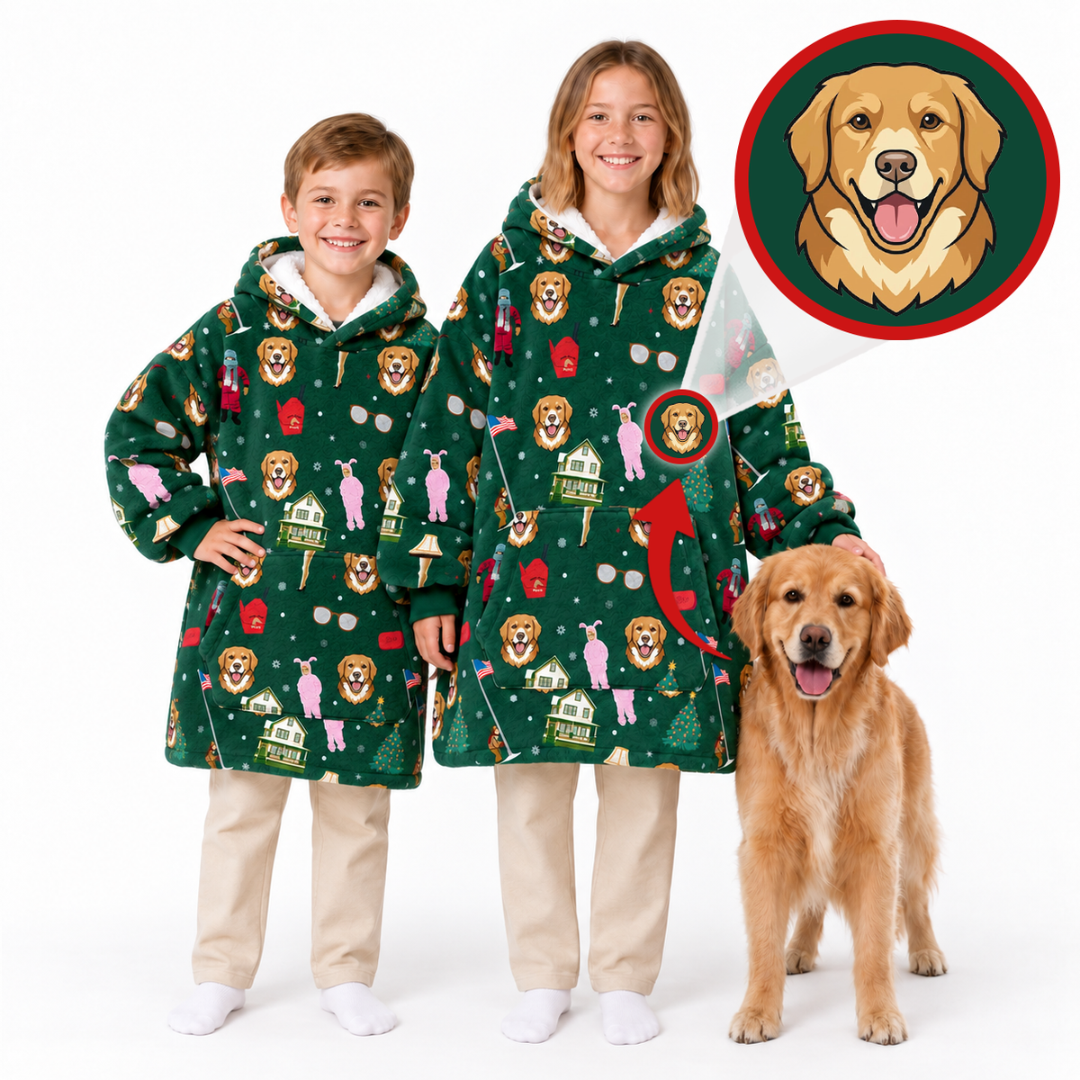 Two children wearing matching green hooded robe pajamas with a dog print pattern, standing next to a golden retriever on a white background. A circular inset shows a close-up of the dog face printed on the robe.