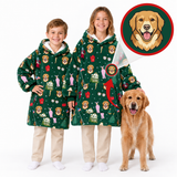 Two children wearing matching green hooded robe pajamas with a dog print pattern, standing next to a golden retriever on a white background. A circular inset shows a close-up of the dog face printed on the robe.