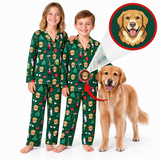 Two children wearing matching green Christmas-themed pajamas with dog prints, standing next to a golden retriever dog on a white background. A circular inset shows a golden retriever face, with arrows pointing to the dog print on the pajamas.