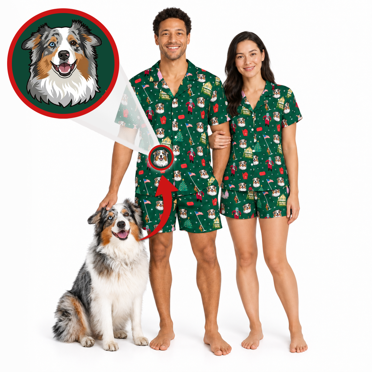 A man and a woman modeling matching green Christmas-themed pajamas with a dog sitting beside them, plus a circular inset showing a dog portrait and an arrow pointing to the printed dog motif on the pajamas. The background is a clean white studio backdrop.