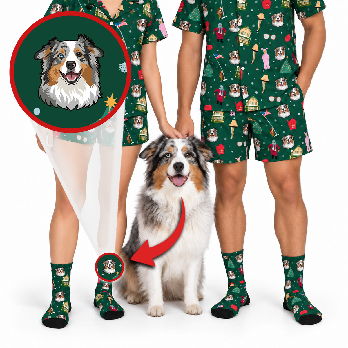A person and a dog wearing matching green Christmas-themed pajama sets and socks with a custom illustrated dog print. The image includes a circular inset showing the original reference dog portrait and a red arrow pointing to the printed sock on the dog, illustrating the custom pet print service.