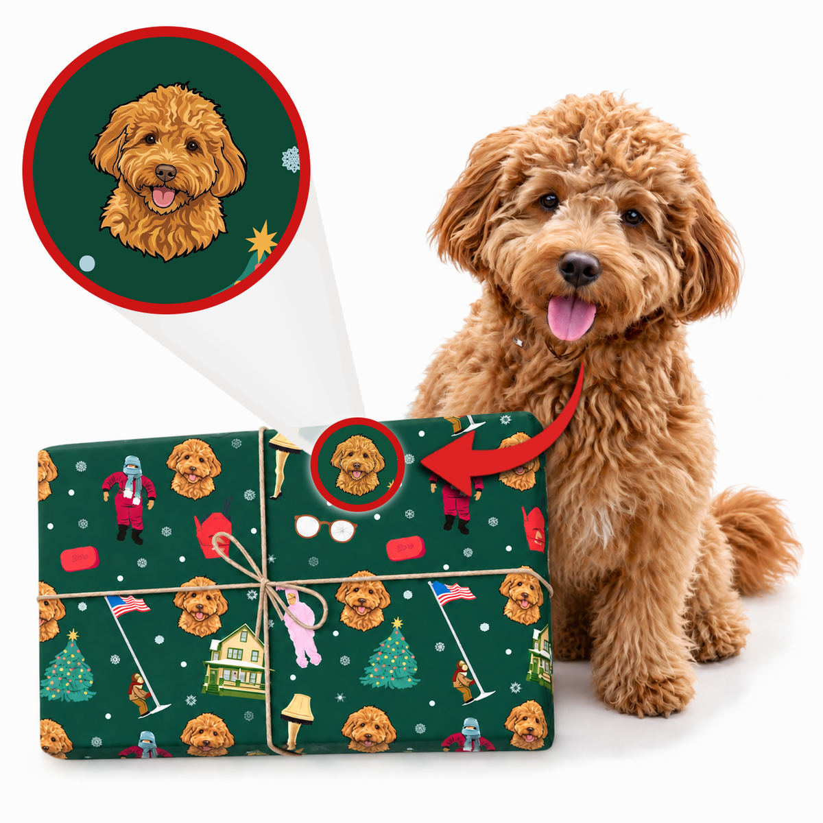 A brown poodle sits beside a wrapped gift box on a white background. The gift wrap is dark green with a holiday village pattern and repeated illustrations of the same poodle, plus a circular inset showing a close-up of the poodle portrait printed on the wrap.