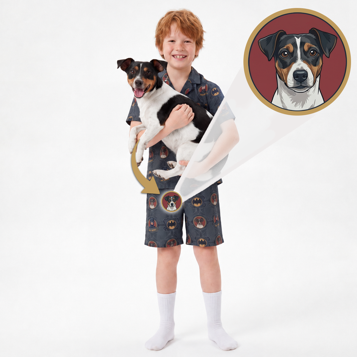 A young boy wearing a custom printed dog-themed pajama set (short-sleeve button-up shirt and shorts) holds a Jack Russell Terrier. An inset circle in the top right shows the original reference dog portrait used for the custom print.