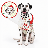 A Dalmatian dog wearing a custom printed Christmas-themed dog t-shirt, shown on a white background with an inset circle zooming in on the custom print and a red arrow indicating the design area.