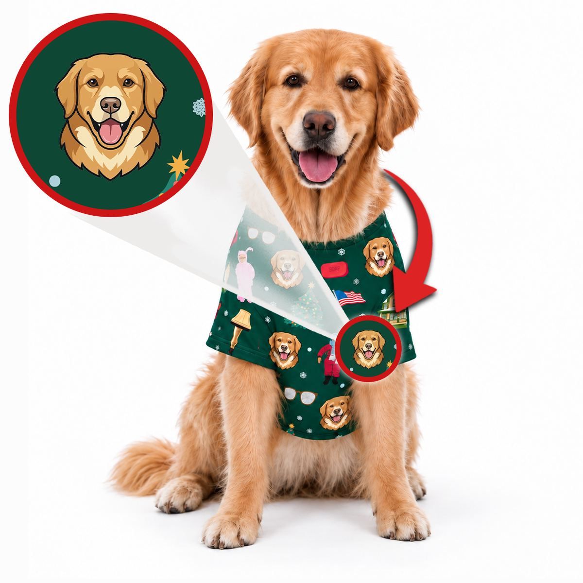 A golden retriever dog wearing a green printed pet vest, shown on a white background with a circular inset of a custom dog portrait and red arrows indicating customization.