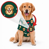 A golden retriever dog wearing a green printed pet vest, shown on a white background with a circular inset of a custom dog portrait and red arrows indicating customization.